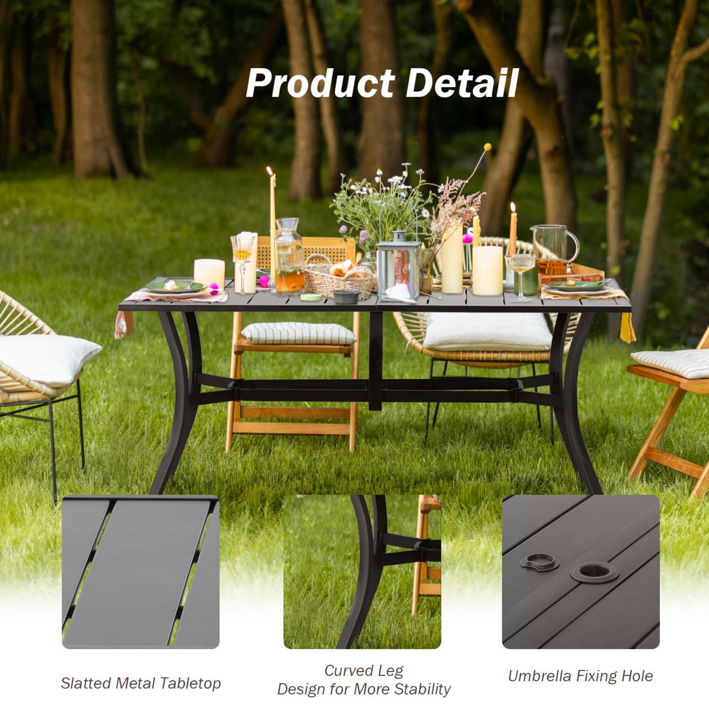 Patio Dining Table for 6 People, 59"L x 38"W Metal Outdoor Table with Adjustable Umbrella Hole