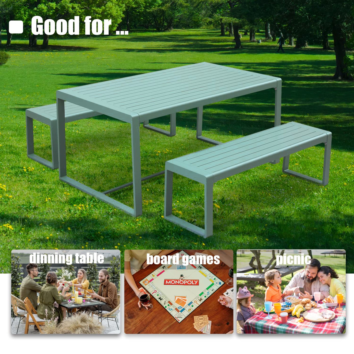 3-Piece Rectangular Picnic Table Set with Benches, Outdoor Patio Dining Table Set