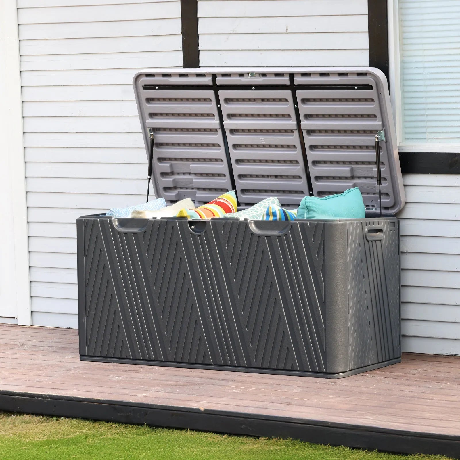 71 Gallon Deck Box, Lockable Storage UV Resistant Container with Hydraulic Rods for Patio Furniture Outdoor Cushions, Garden Tools and Sports Equipments，Aoodor（BLACK）