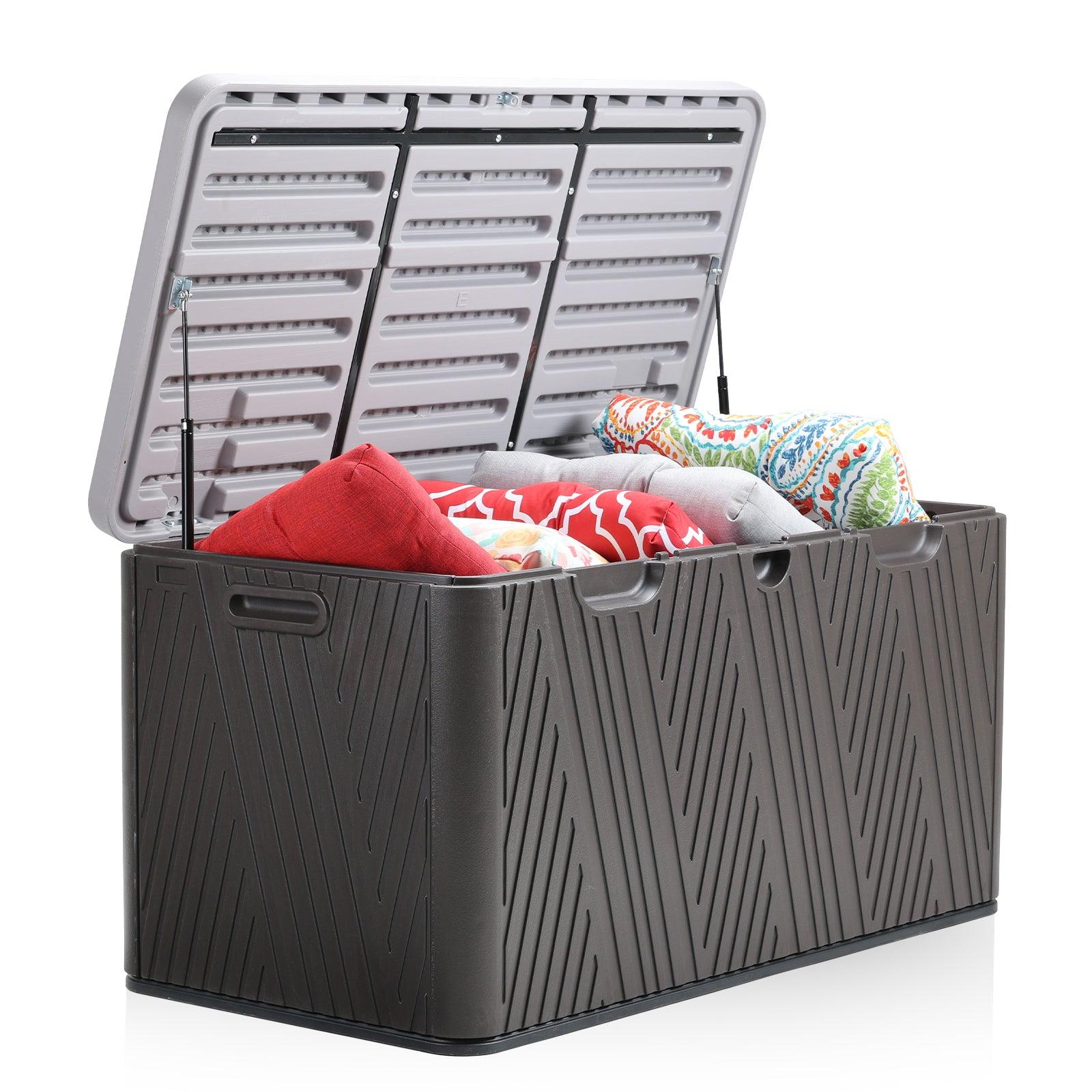 71 Gallon Deck Box, Lockable Storage UV Resistant Container with Hydraulic Rods for Patio Furniture Outdoor Cushions, Garden Tools and Sports Equipments，Aoodor（Brown）