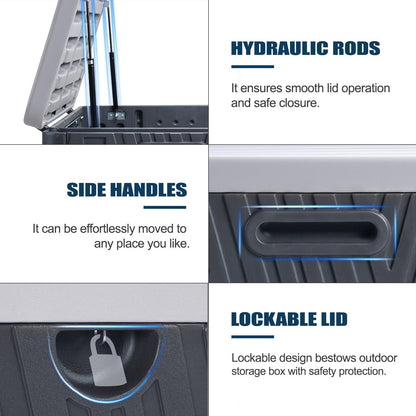 71 Gallon Deck Box, Lockable Storage UV Resistant Container with Hydraulic Rods for Patio Furniture Outdoor Cushions, Garden Tools and Sports Equipments，Aoodor（BLACK）