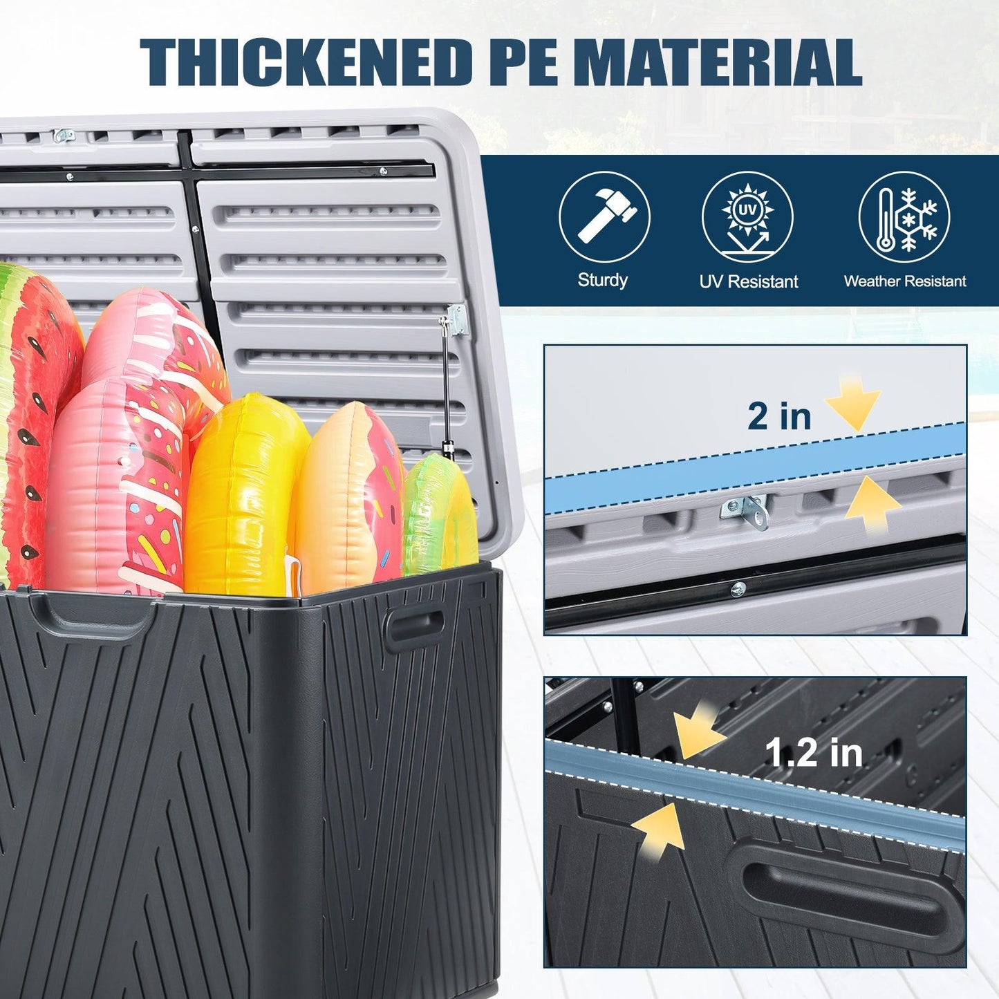 71 Gallon Deck Box, Lockable Storage UV Resistant Container with Hydraulic Rods for Patio Furniture Outdoor Cushions, Garden Tools and Sports Equipments，Aoodor（BLACK）