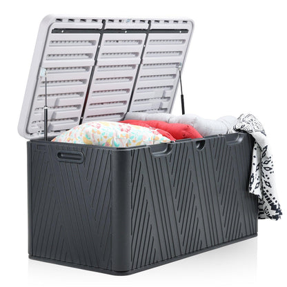 71 Gallon Deck Box, Lockable Storage UV Resistant Container with Hydraulic Rods for Patio Furniture Outdoor Cushions, Garden Tools and Sports Equipments，Aoodor（BLACK）