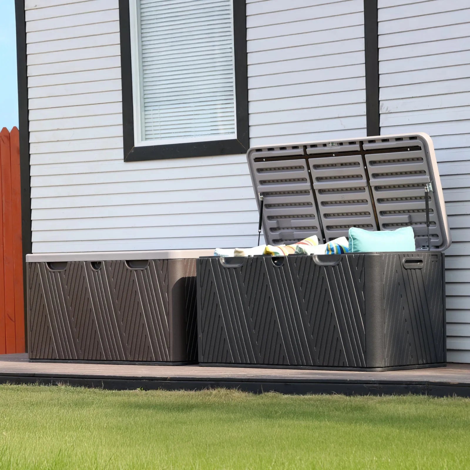 71 Gallon Deck Box, Lockable Storage UV Resistant Container with Hydraulic Rods for Patio Furniture Outdoor Cushions, Garden Tools and Sports Equipments，Aoodor