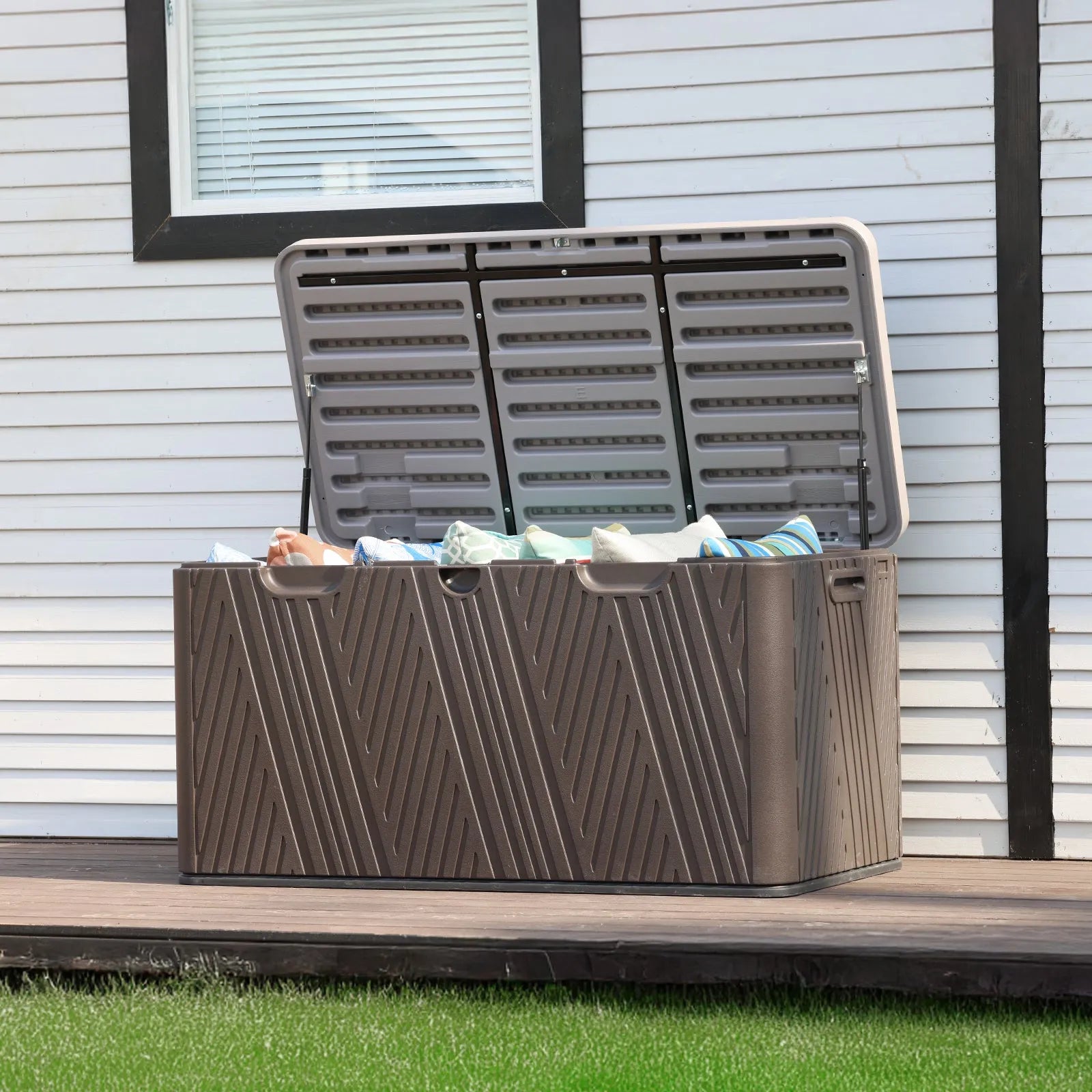 71 Gallon Deck Box, Lockable Storage UV Resistant Container with Hydraulic Rods for Patio Furniture Outdoor Cushions, Garden Tools and Sports Equipments，Aoodor（Brown）