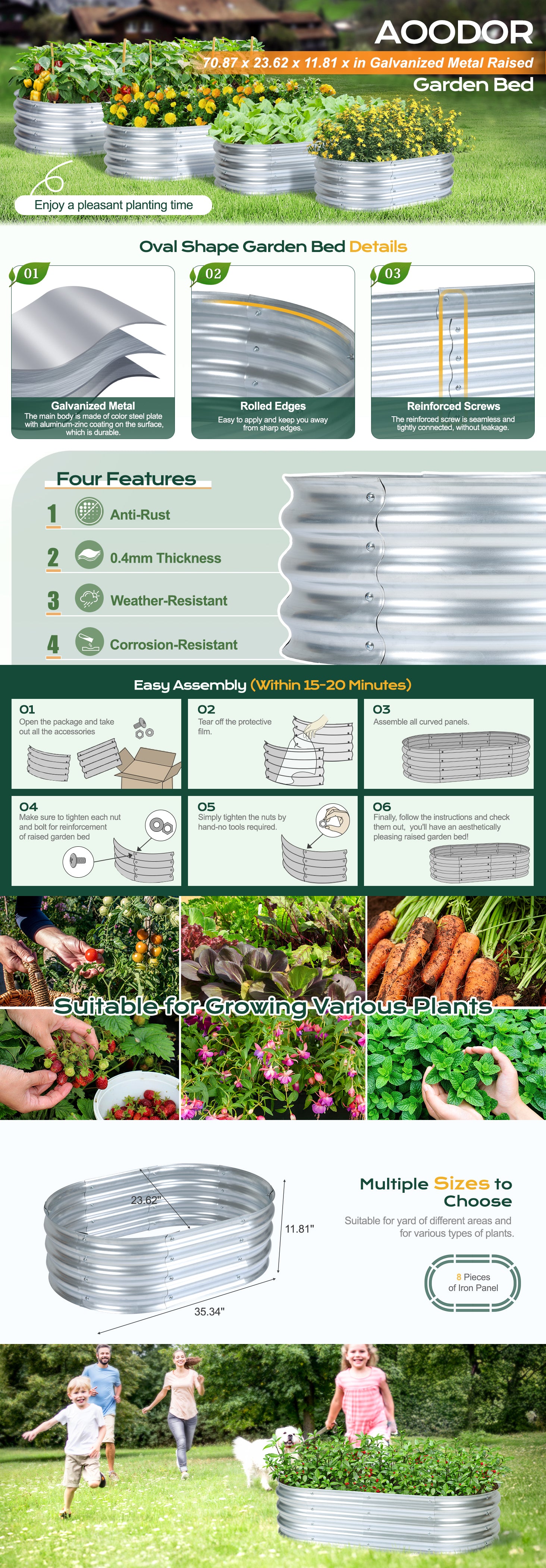 71(L)x24(W)x12(H)inch Galvanized Raised Garden Bed Kit, Outdoor Garden Planter Oval Large Boxes for Vegetables, Flowers, Herbs - Silver Aoodor