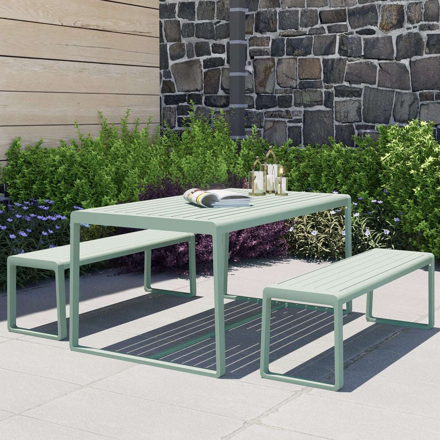 Outdoor 3-Piece Aluminum Picnic Table Set,  Rectangular Patio Dining Table with Benches