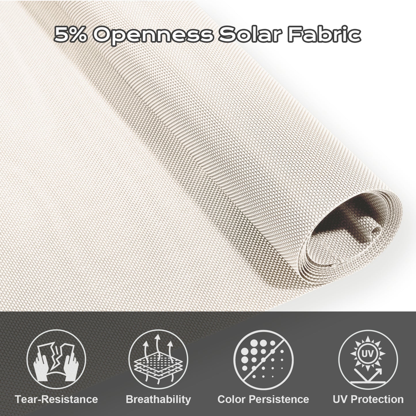 5% Openness Cordless Solar Fabric Roller Sun Shade for Outdoor Gazebo Pergola Porch, 95% UV Protection