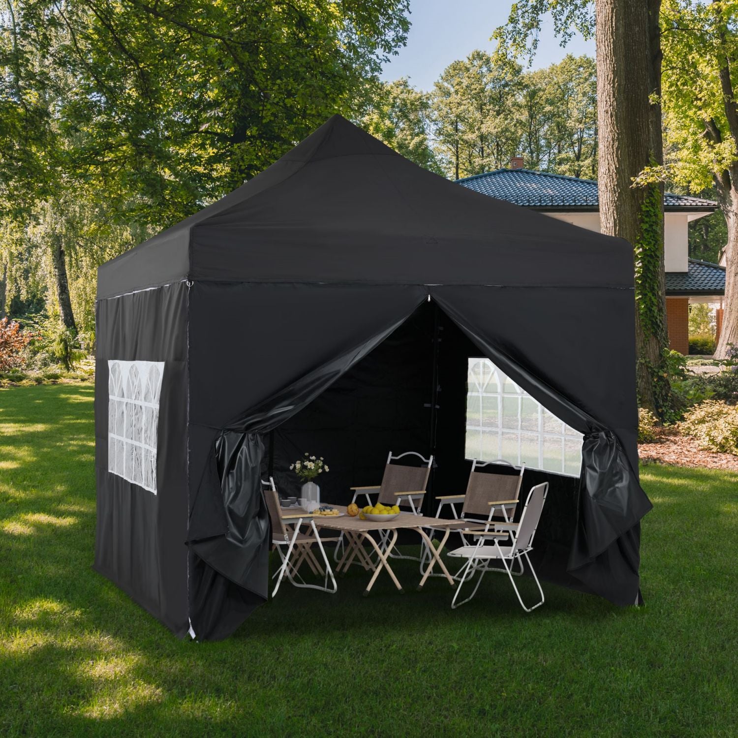 10 x 10 FT. Pop Up Canopy Tent with Windows Sidewalls, 3 Adjustable Heights, with Wheeled Bag  Aoodor    