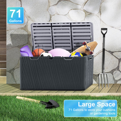 71 Gallon Deck Box, Lockable Storage UV Resistant Container with Hydraulic Rods for Patio Furniture Outdoor Cushions, Garden Tools and Sports Equipments，Aoodor（BLACK）