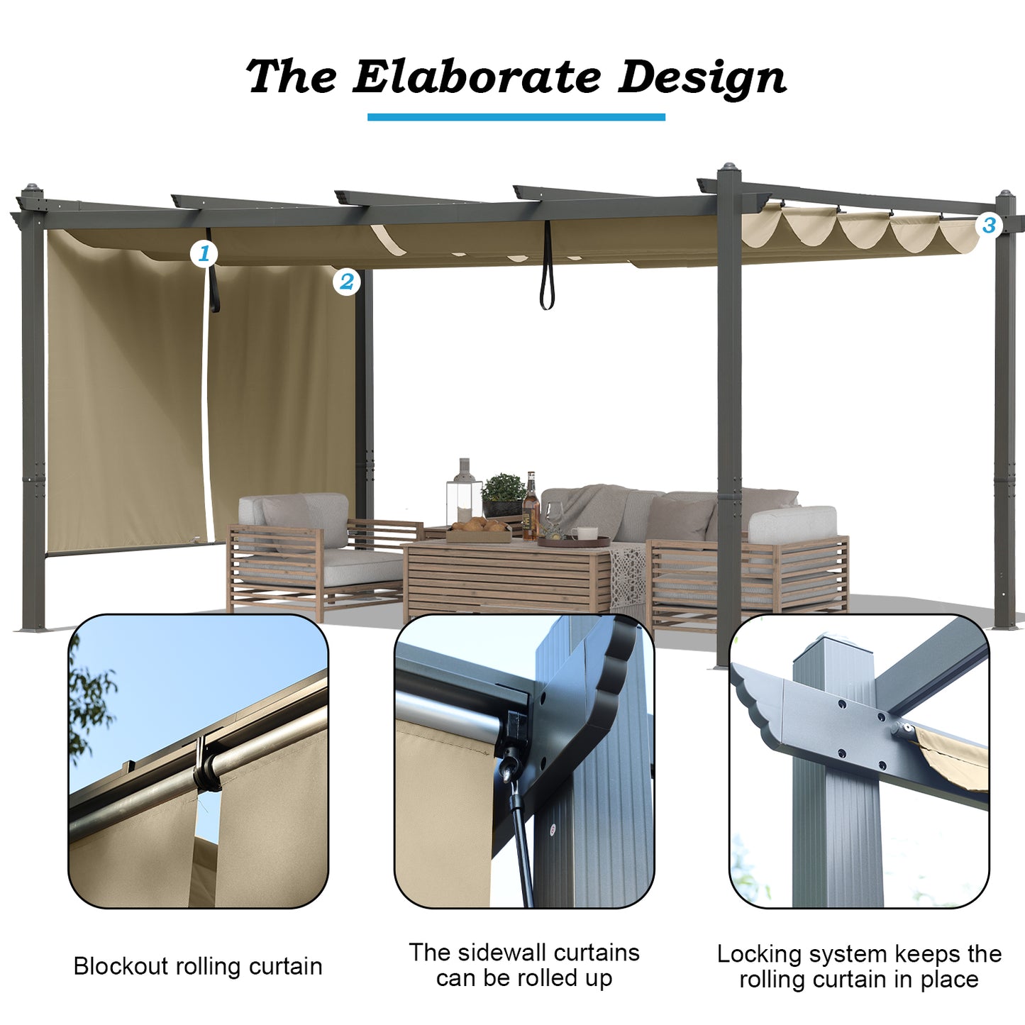 16 x 12 FT/14 x 12 FT Outdoor Pergola with Retractable Shade Canopy, Aluminum Frame, Roller Shade Curtain