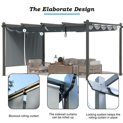 16 x 12 FT/14 x 12 FT Outdoor Pergola with Retractable Shade Canopy, Aluminum Frame, Roller Shade Curtain