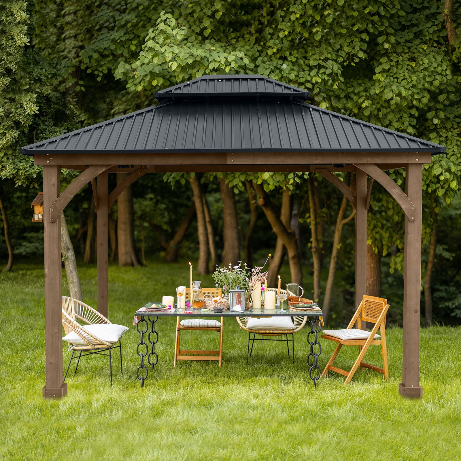 12 x 10 ft. Outdoor Solid Wooden Frame Gazebo with 2-Tier Hardtop Roof  Aoodor    