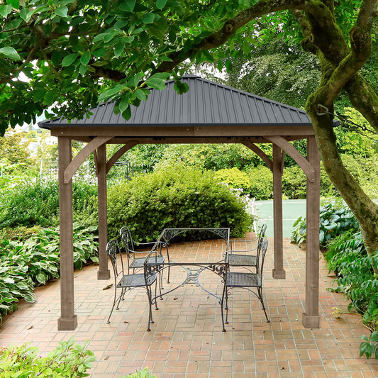 10 x 10 ft. Outdoor Solid Wooden Frame Gazebo with Galvanized Metal Hardtop Roof  Aoodor    