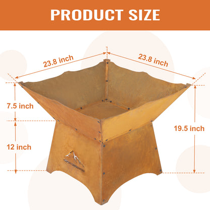 Aoodor 24" Rustic Corten Steel Fire Pit with 12" Stand, Rust Patina Finish, Detachable Wood-Burning Fire Bowl for Outdoors Product Size