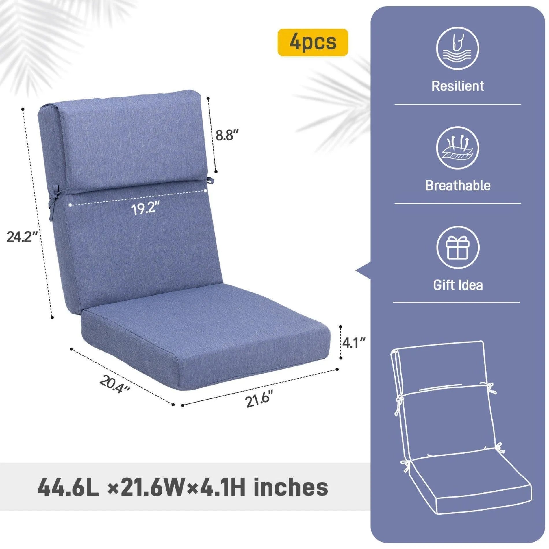 High Back Chair Cushions Set of 4, UV-Protected & Water-Resistant, 45 x 22 x 4 Inches Aoodor