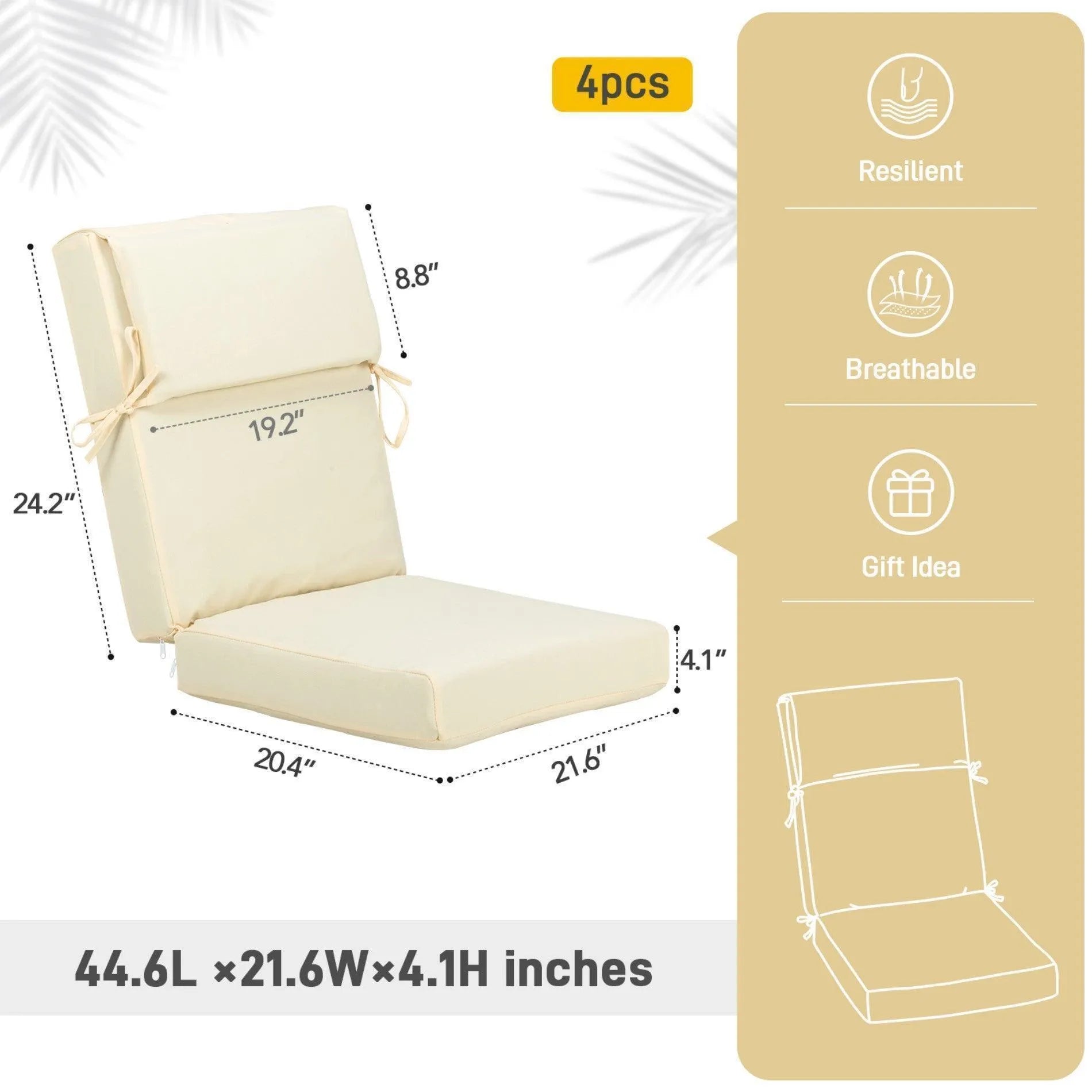 High Back Chair Cushions Set of 4, UV-Protected & Water-Resistant, 45 x 22 x 4 Inches Lightyellow Size Guide Aoodor