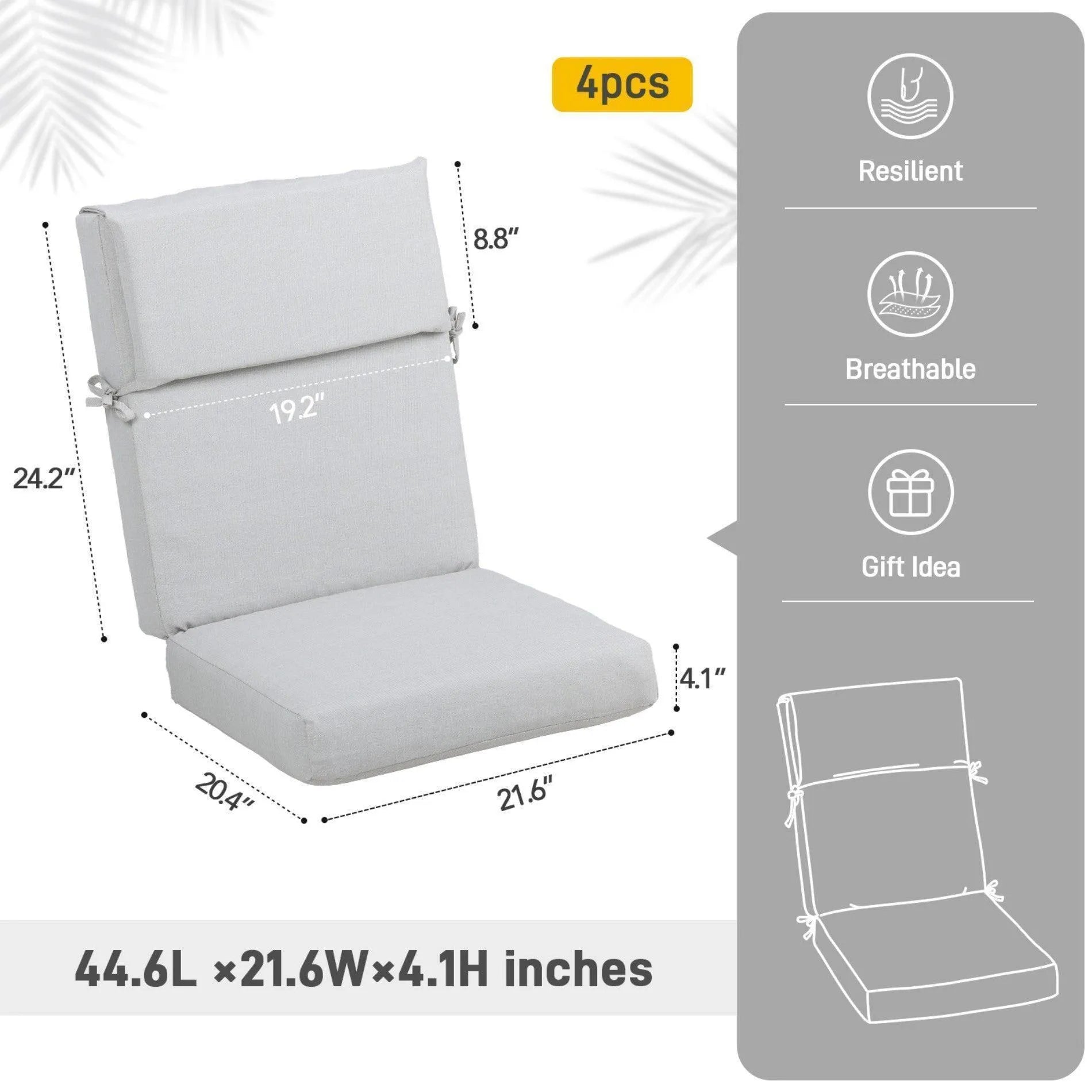 High Back Chair Cushions Set of 4, UV-Protected & Water-Resistant, 45 x 22 x 4 Inches Aoodor