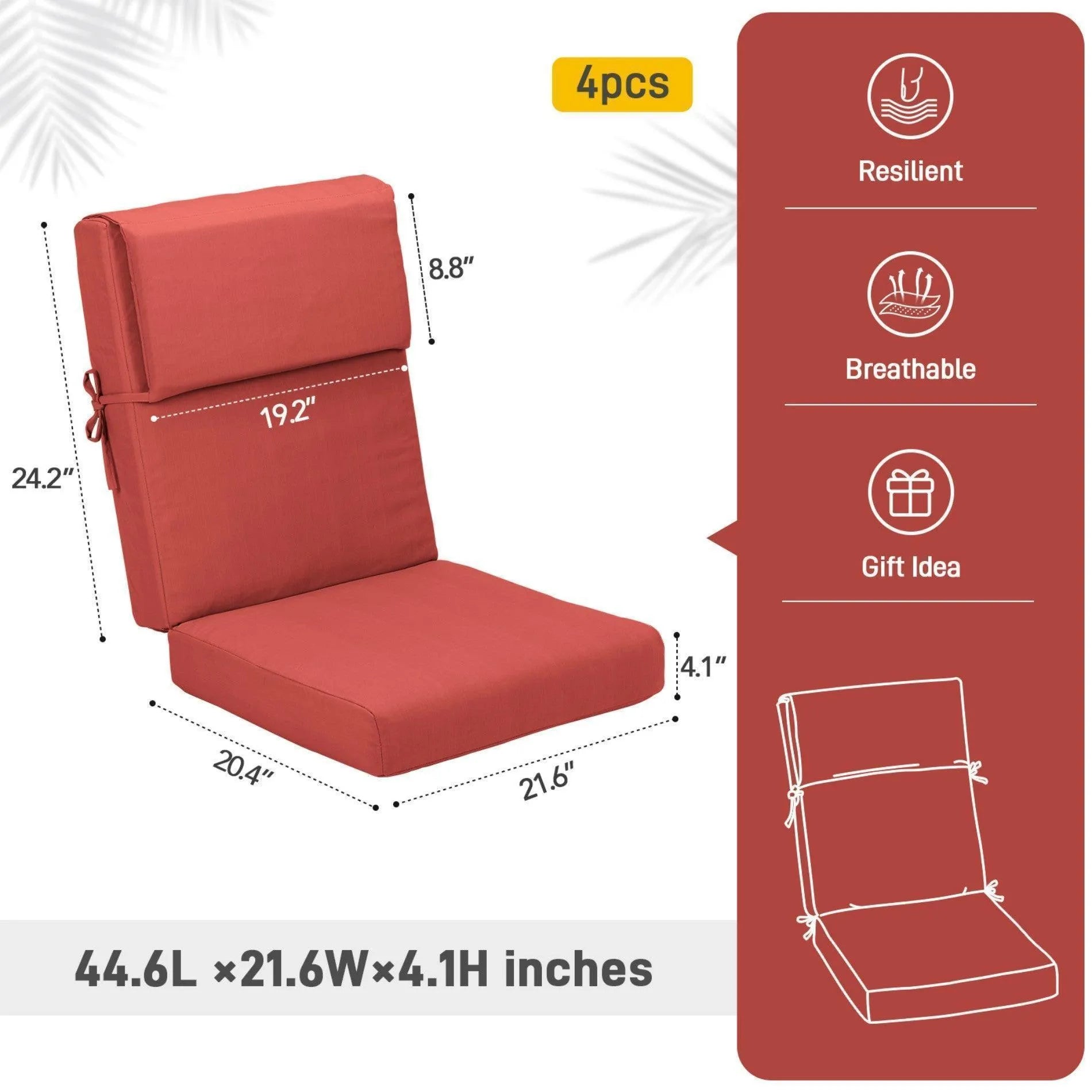 High Back Chair Cushions Set of 4, UV-Protected & Water-Resistant, 45 x 22 x 4 Inches Aoodor