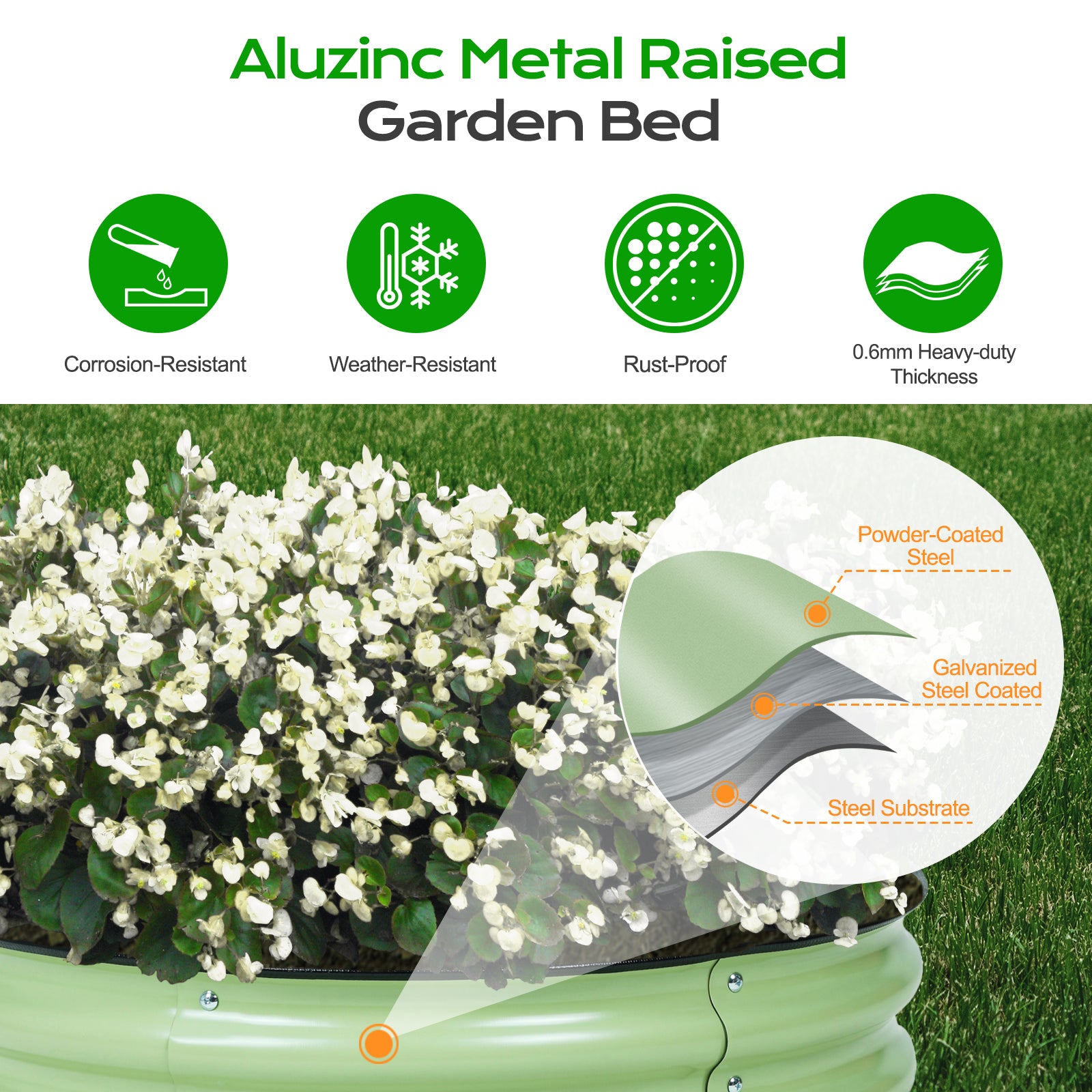 Oval Modular Aluzinc Raised Garden Bed Planter Aoodor LLC Green