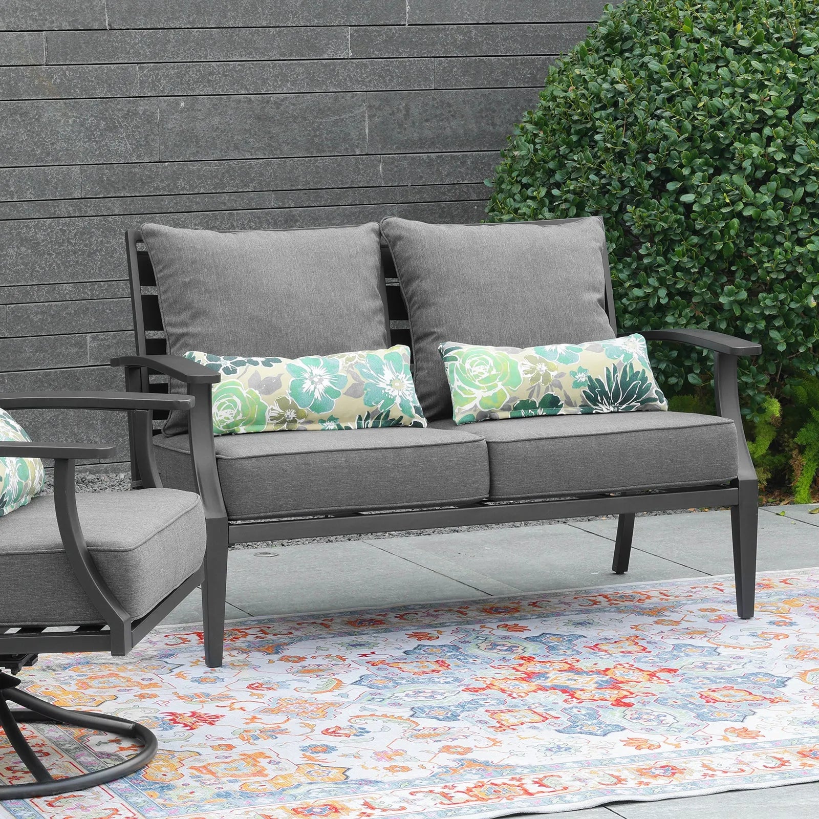Patio Deep Chair Cushion, 2 Back 2 Seater 2 Pillow, Charcoal Aoodor