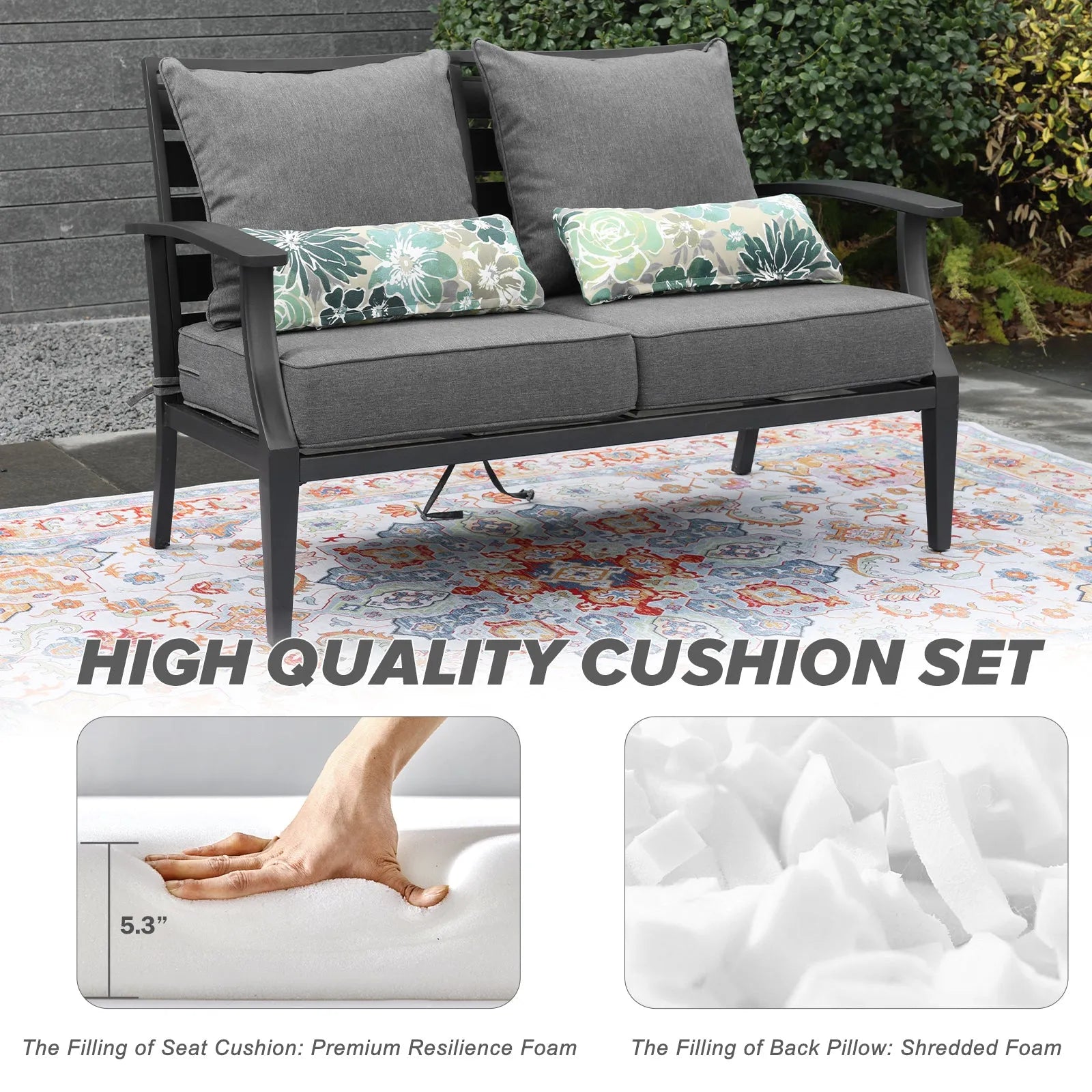 Patio Deep Chair Cushion, 2 Back 2 Seater 2 Pillow, Charcoal Aoodor High Quality Cushion Set