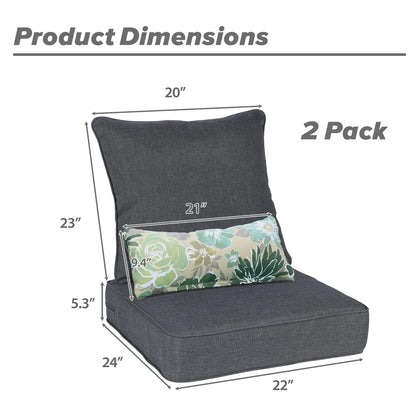 Patio Deep Chair Cushion, 2 Back 2 Seater 2 Pillow, Charcoal Aoodor 22"x24"