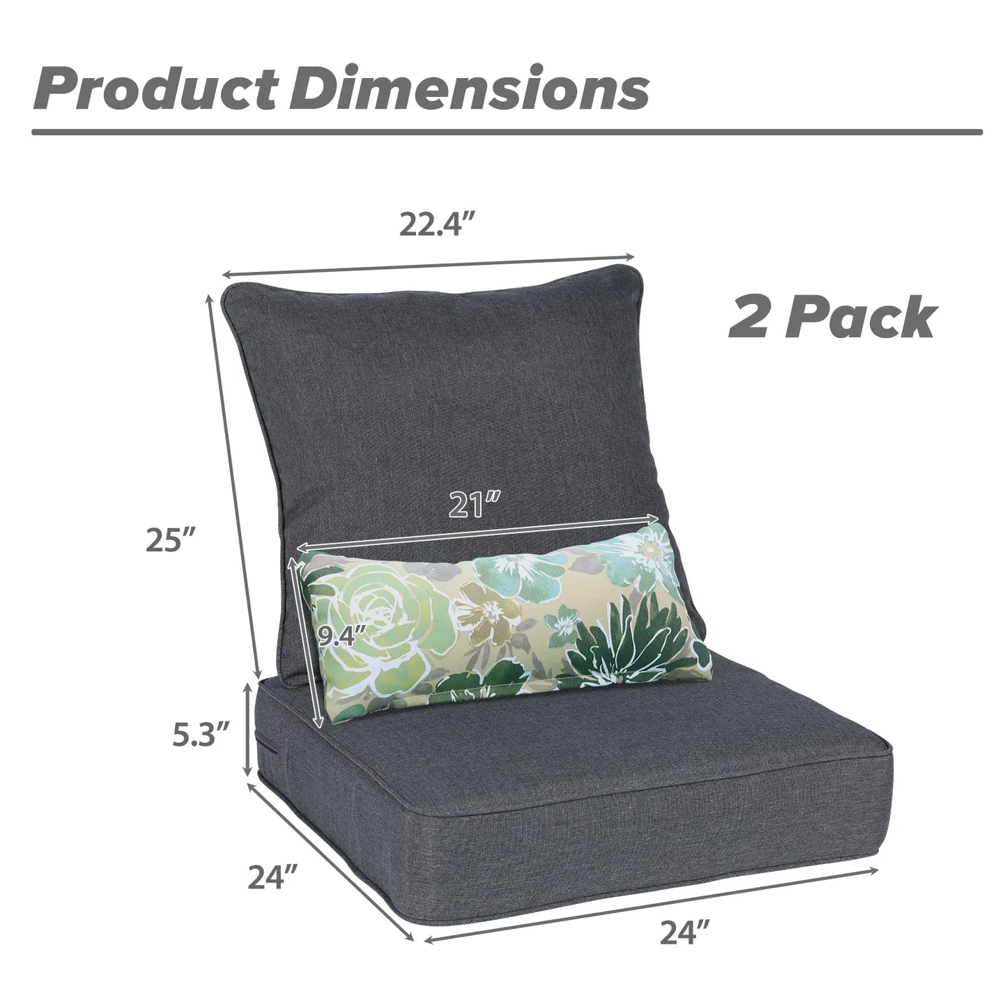 Patio Deep Chair Cushion, 2 Back 2 Seater 2 Pillow, Charcoal Aoodor 24"x24"