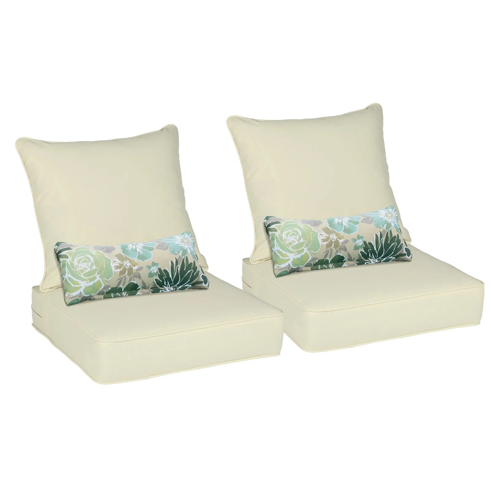 Patio Deep Chair Cushion, 2 Back 2 Seater 2 Pillow, Cream Yellow Aoodor