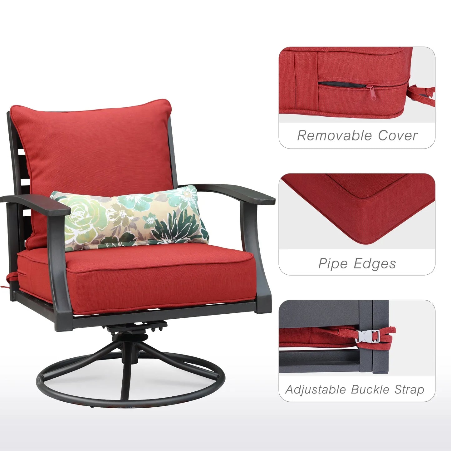 Patio Deep Chair Cushion, 2 Back 2 Seater 2 Pillow, Red Aoodor removable cover, pipe edges, adjustable buckle strap