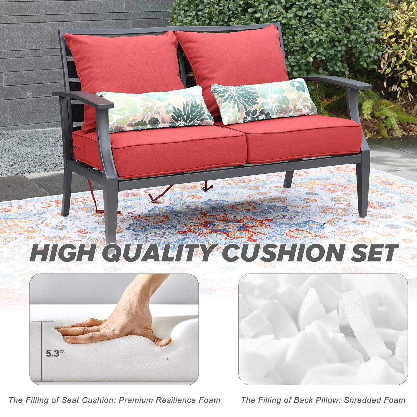 Patio Deep Chair Cushion, 2 Back 2 Seater 2 Pillow, Red Aoodor high quality cushion set