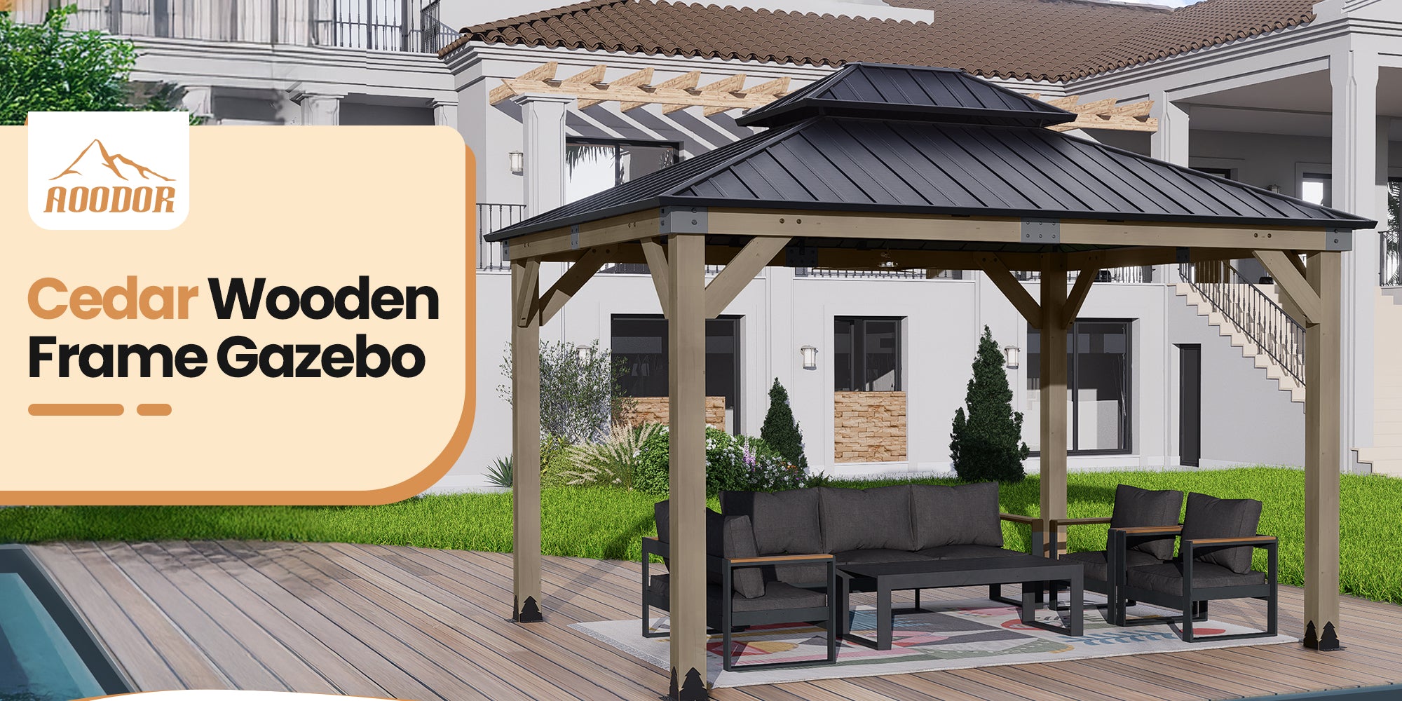 Wood Gazebo,Upgrade Cedar Wooden Frame Gazebo with Galvanized Steel Roof Aoodor