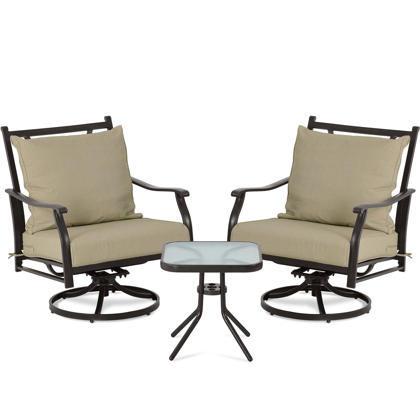 Outdoor Swivel Chair Set -  Two Chairs, One Glass Table, and 2 Thick Cushions