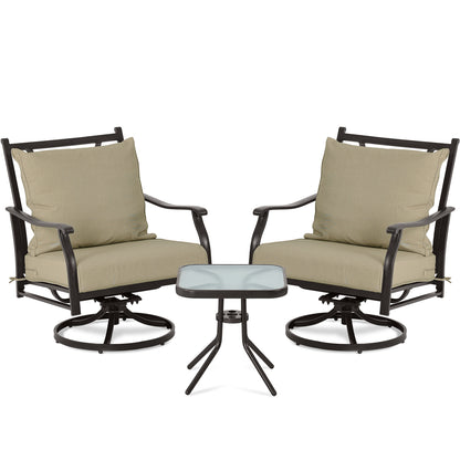 Outdoor Swivel Chair Set -  Two Chairs, One Glass Table, and 2 Thick Cushions