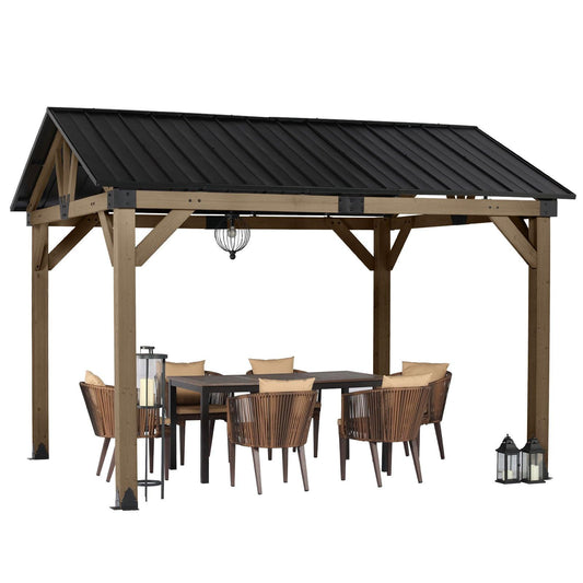 10'x12'/12'x14' Cedar Wood Hardtop Gazebo with Galvanized Steel Roof