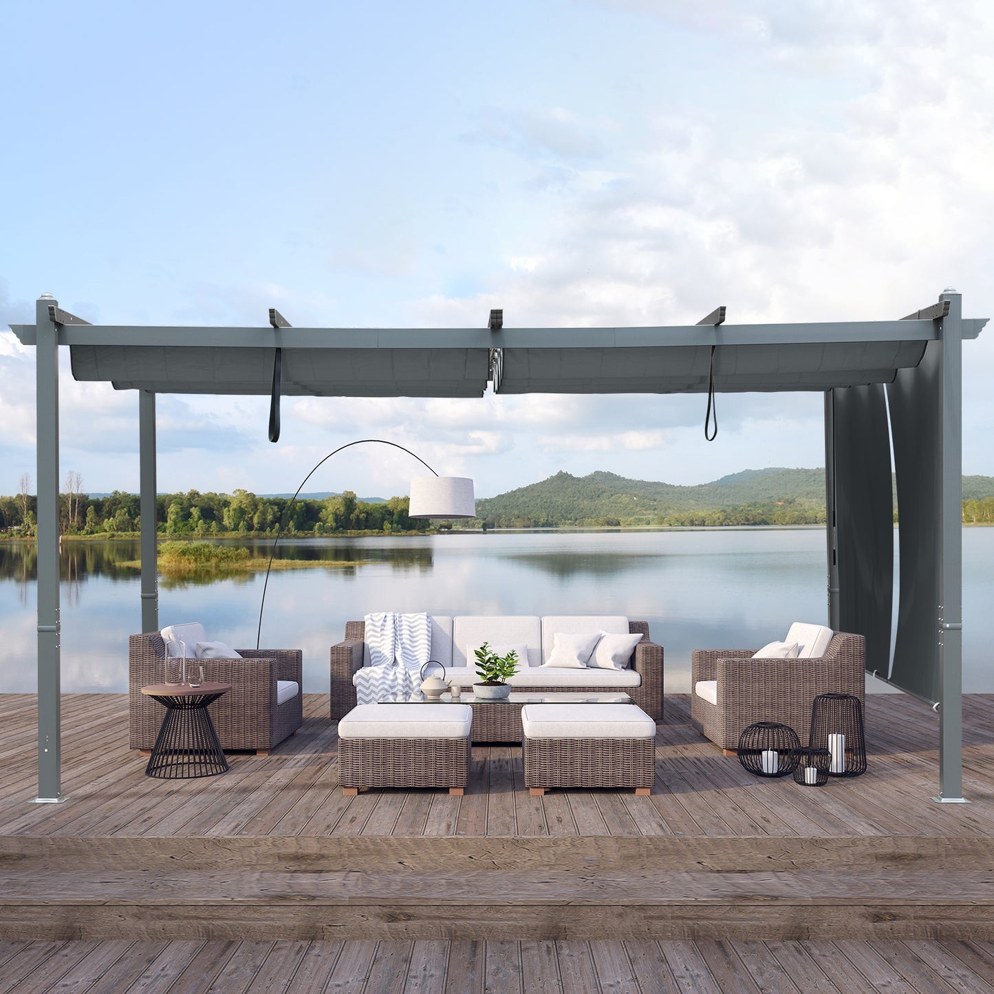 16 x 12 FT/14 x 12 FT Outdoor Pergola with Retractable Shade Canopy, Aluminum Frame, Roller Shade Curtain