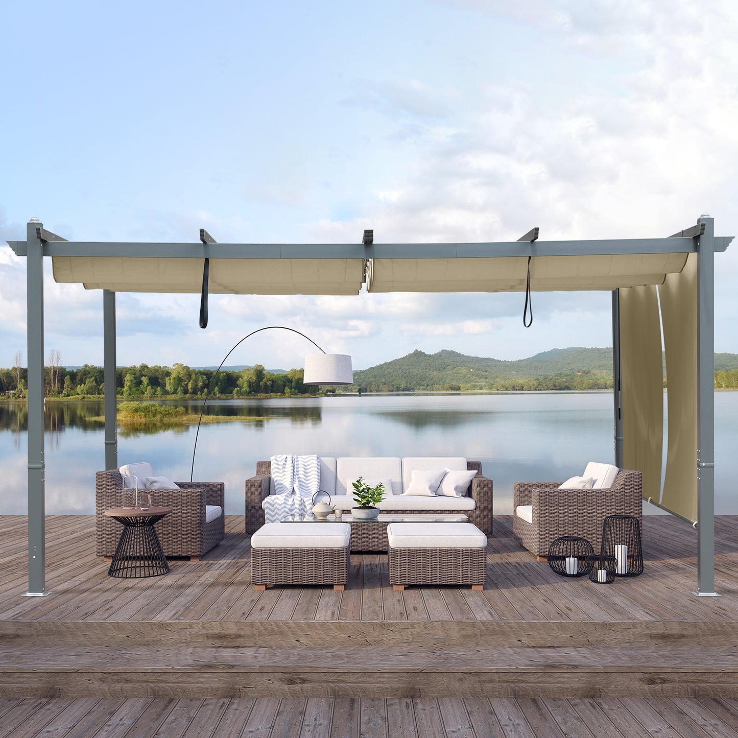 16 x 12 FT/14 x 12 FT Outdoor Pergola with Retractable Shade Canopy, Aluminum Frame, Roller Shade Curtain