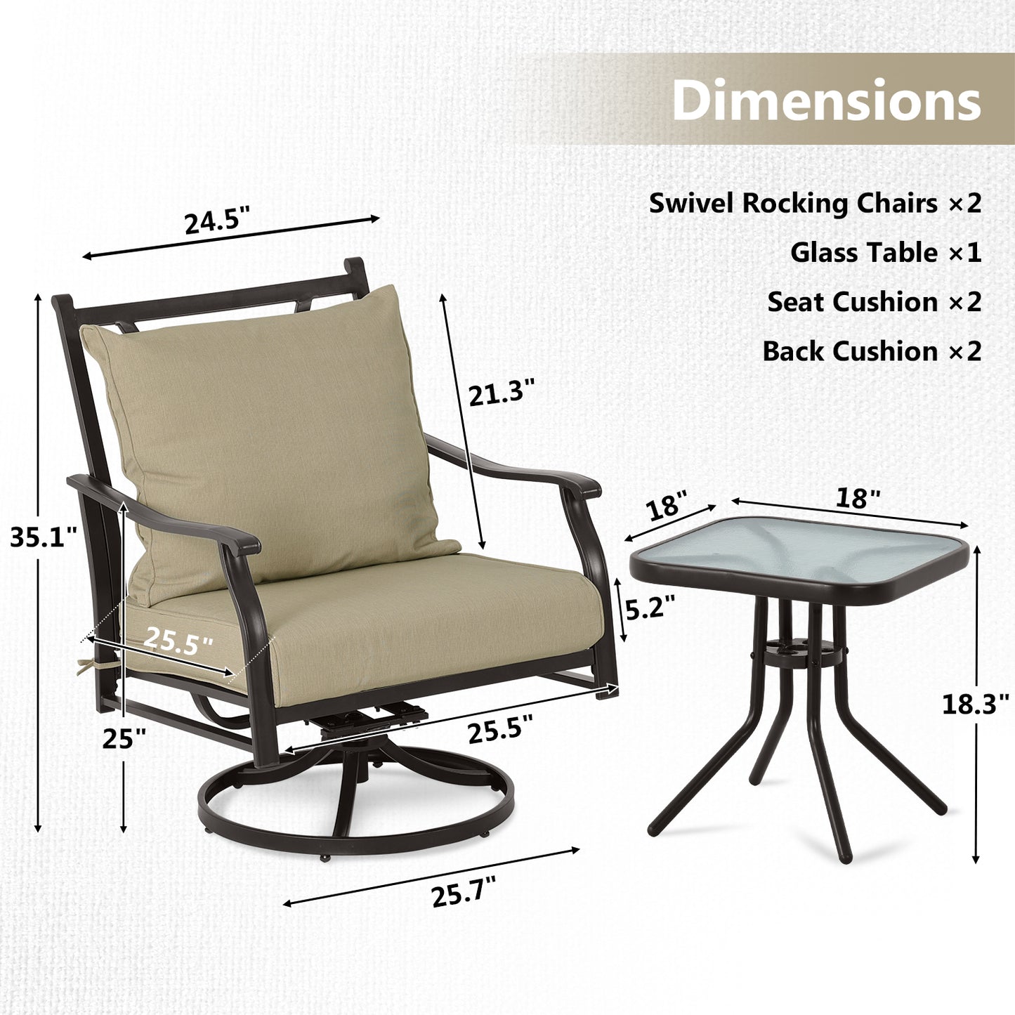 Outdoor Swivel Chair Set -  Two Chairs, One Glass Table, and 2 Thick Cushions