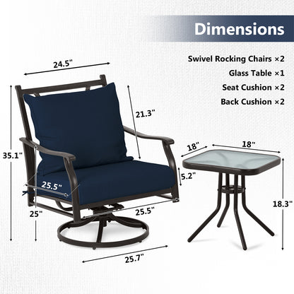 Outdoor Swivel Chair Set -  Two Chairs, One Glass Table, and 2 Thick Cushions