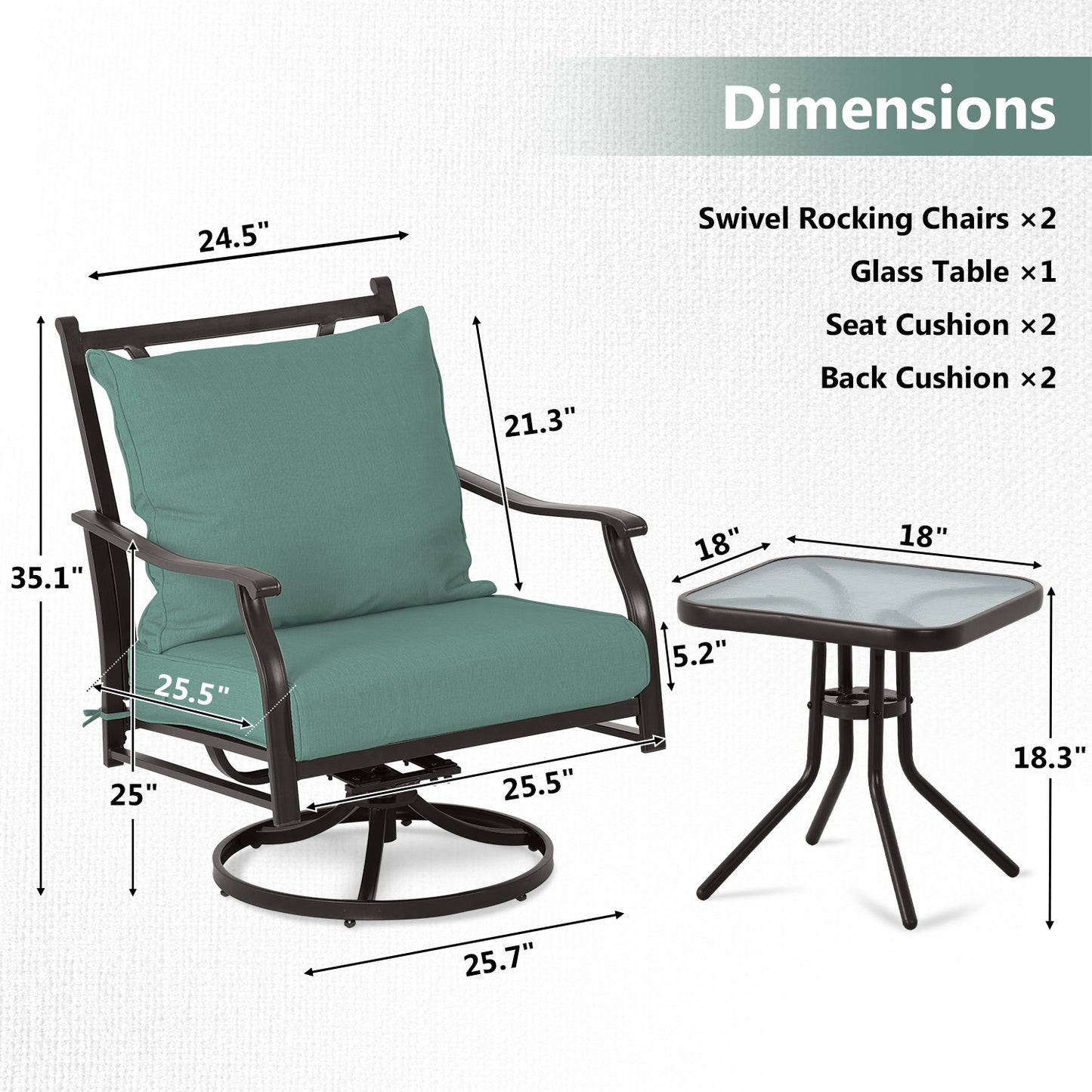 Outdoor Swivel Chair Set -  Two Chairs, One Glass Table, and 2 Thick Cushions