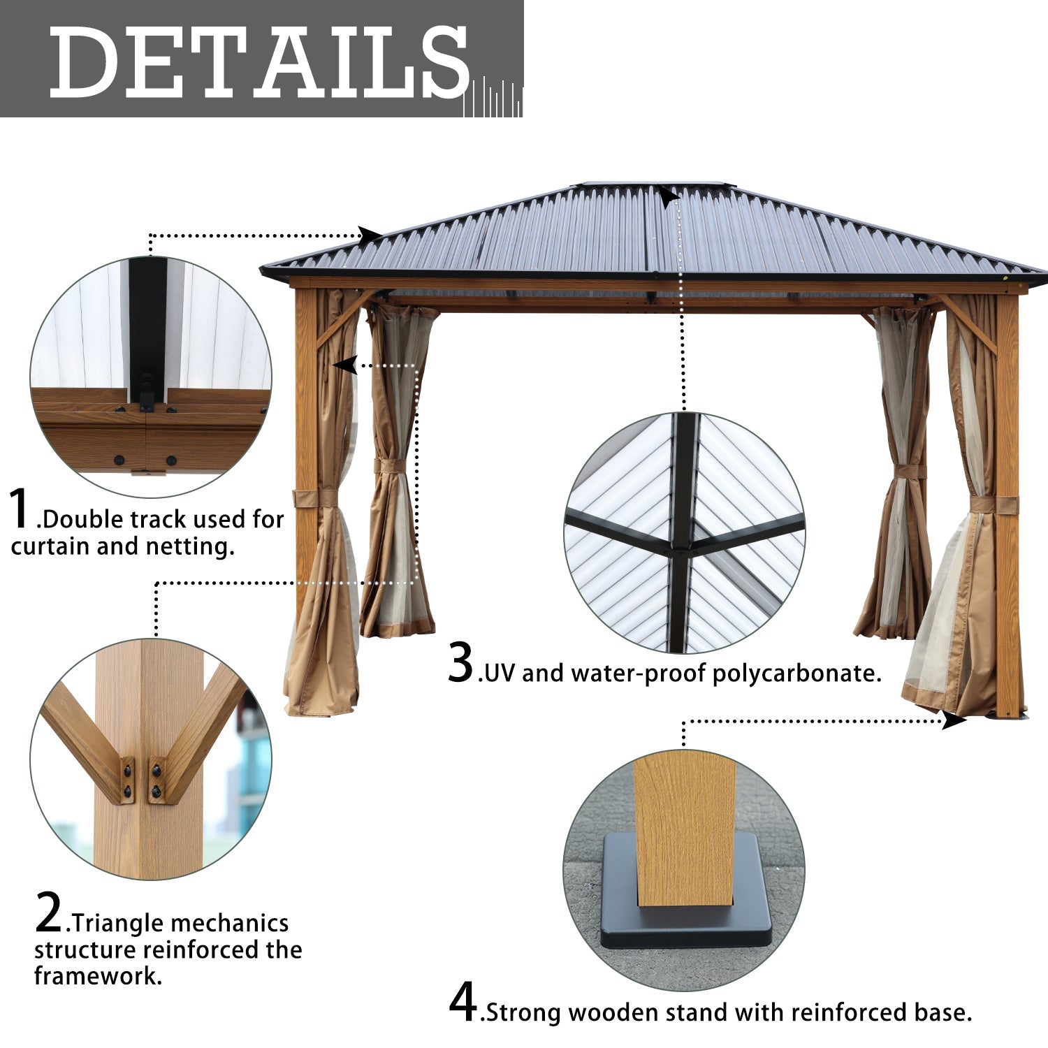 10 x 10 ft. /12 x 10 ft. Wooden Finish Coated Aluminum Frame Gazebo with Polycarbonate Roof, Curtains and Nettings Gazebo Aoodor LLC   