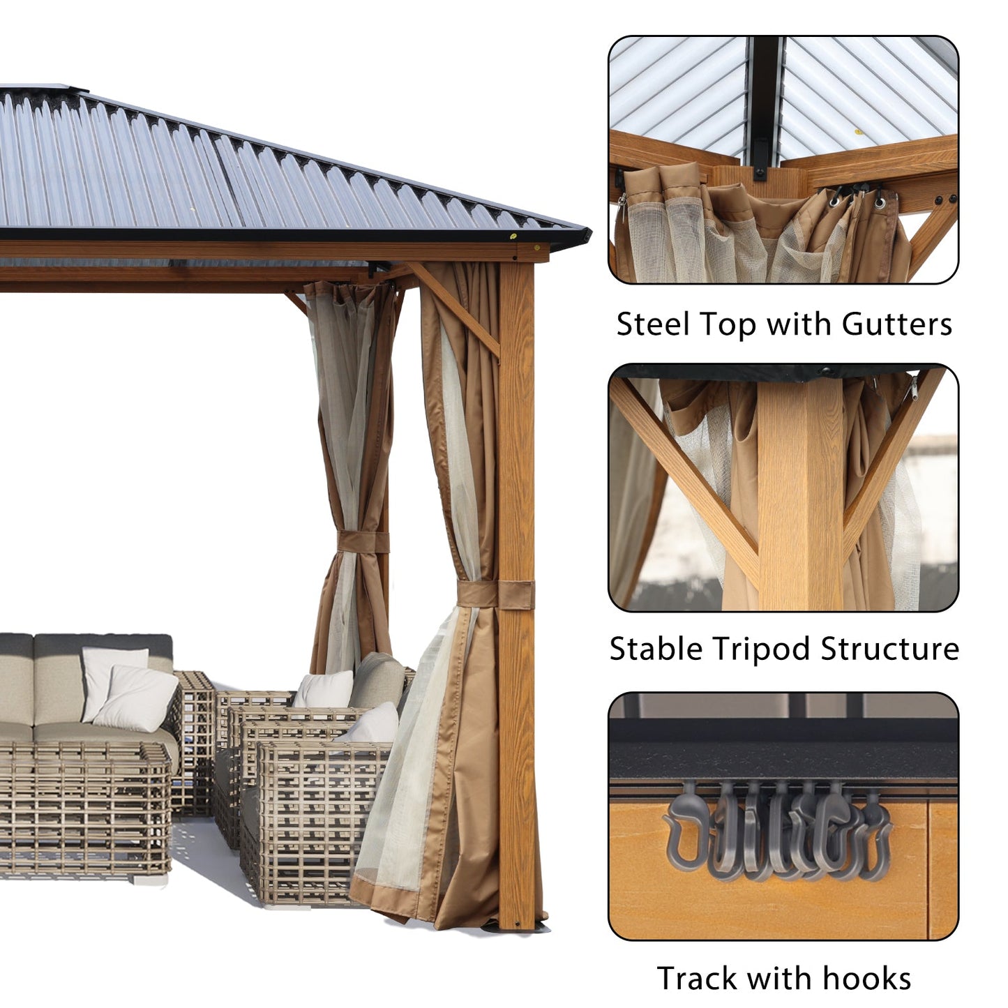 10 x 10 ft. /12 x 10 ft. Wooden Finish Coated Aluminum Frame Gazebo with Polycarbonate Roof, Curtains and Nettings Gazebo Aoodor LLC   