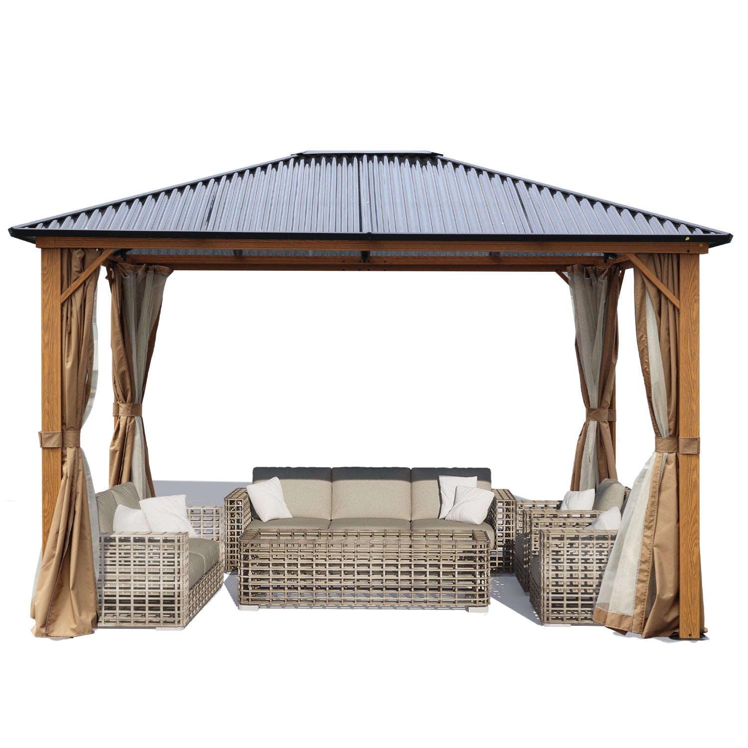 10 x 10 ft. /12 x 10 ft. Wooden Finish Coated Aluminum Frame Gazebo with Polycarbonate Roof, Curtains and Nettings Gazebo Aoodor LLC 10'x 12'  