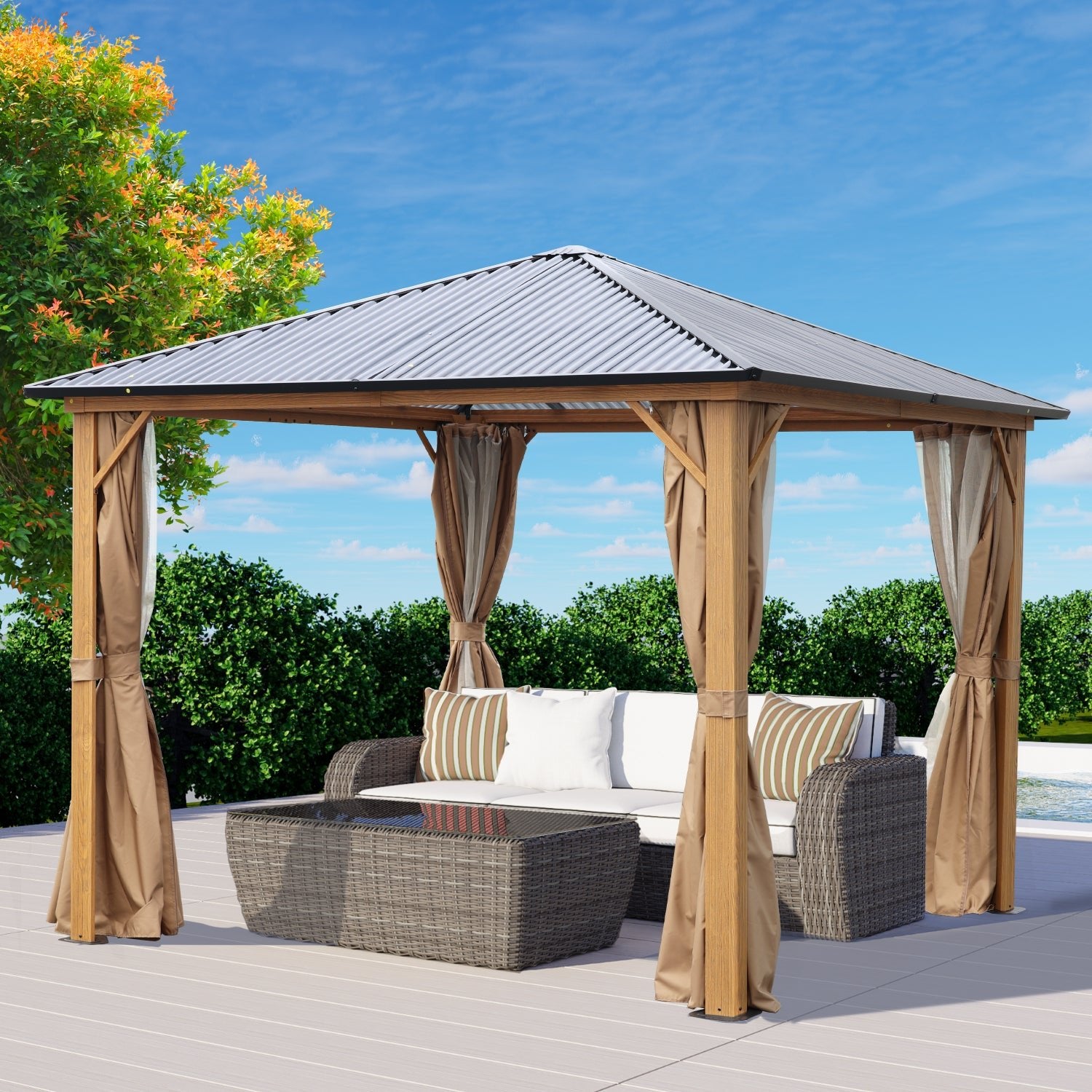 10 x 10 ft. /12 x 10 ft. Wooden Finish Coated Aluminum Frame Gazebo with Polycarbonate Roof, Curtains and Nettings Gazebo Aoodor LLC   