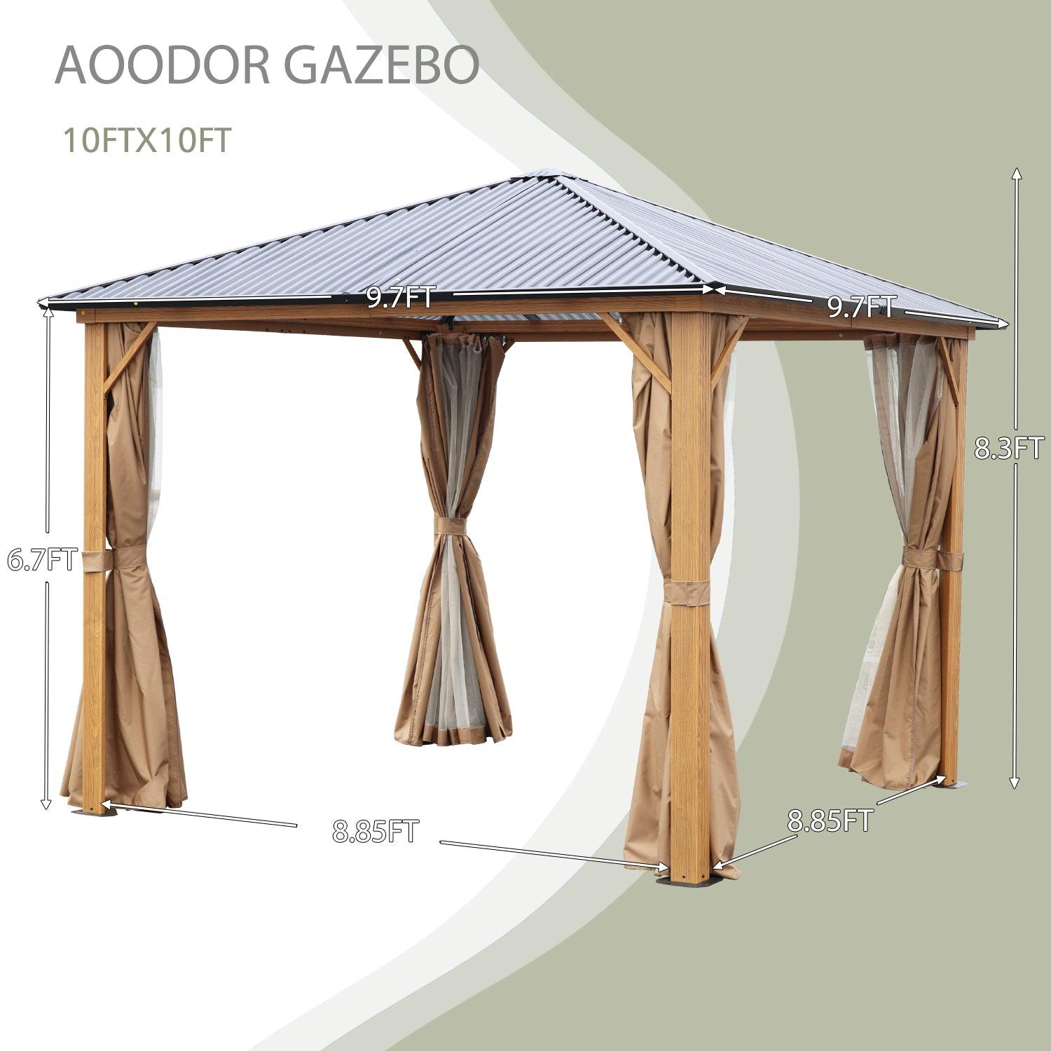 10 x 10 ft. /12 x 10 ft. Wooden Finish Coated Aluminum Frame Gazebo with Polycarbonate Roof, Curtains and Nettings Gazebo Aoodor LLC   