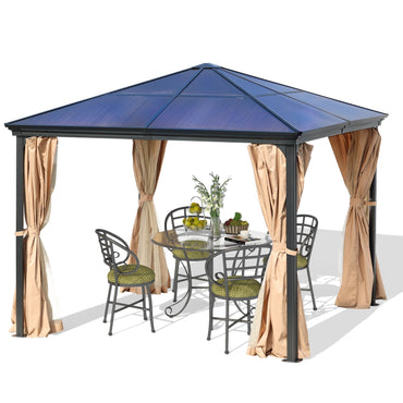10 x 10 ft. Aluminum Frame Polycarbonate Roof Gazebo, with Mosquito Netting and Curtains Gazebo Aoodor LLC   
