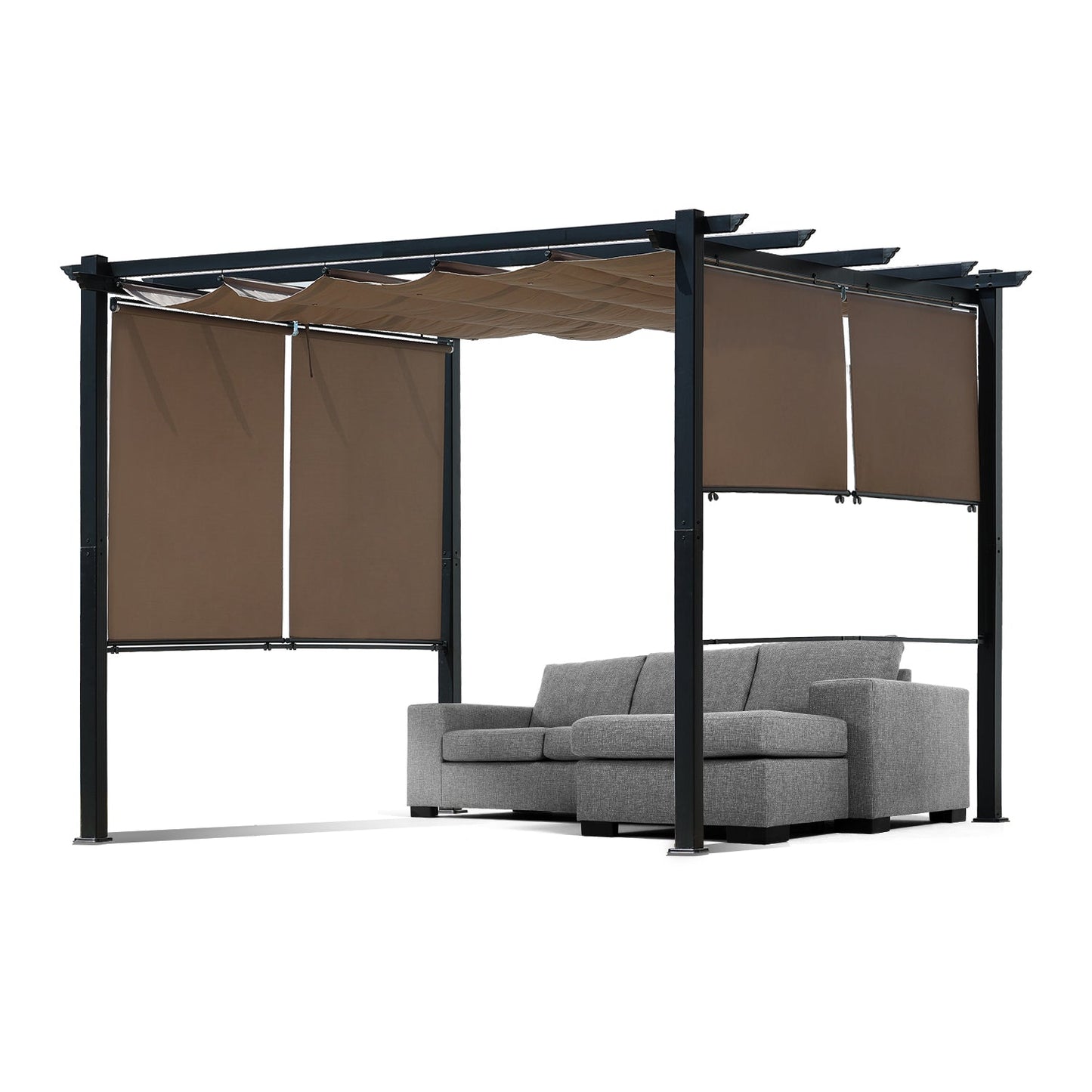 10 x 10 FT Outdoor Pergola with Shade Canopy, Aluminum Frame, Roller Shade Curtain Pergola Aoodor 10×10 Ft. Brown 