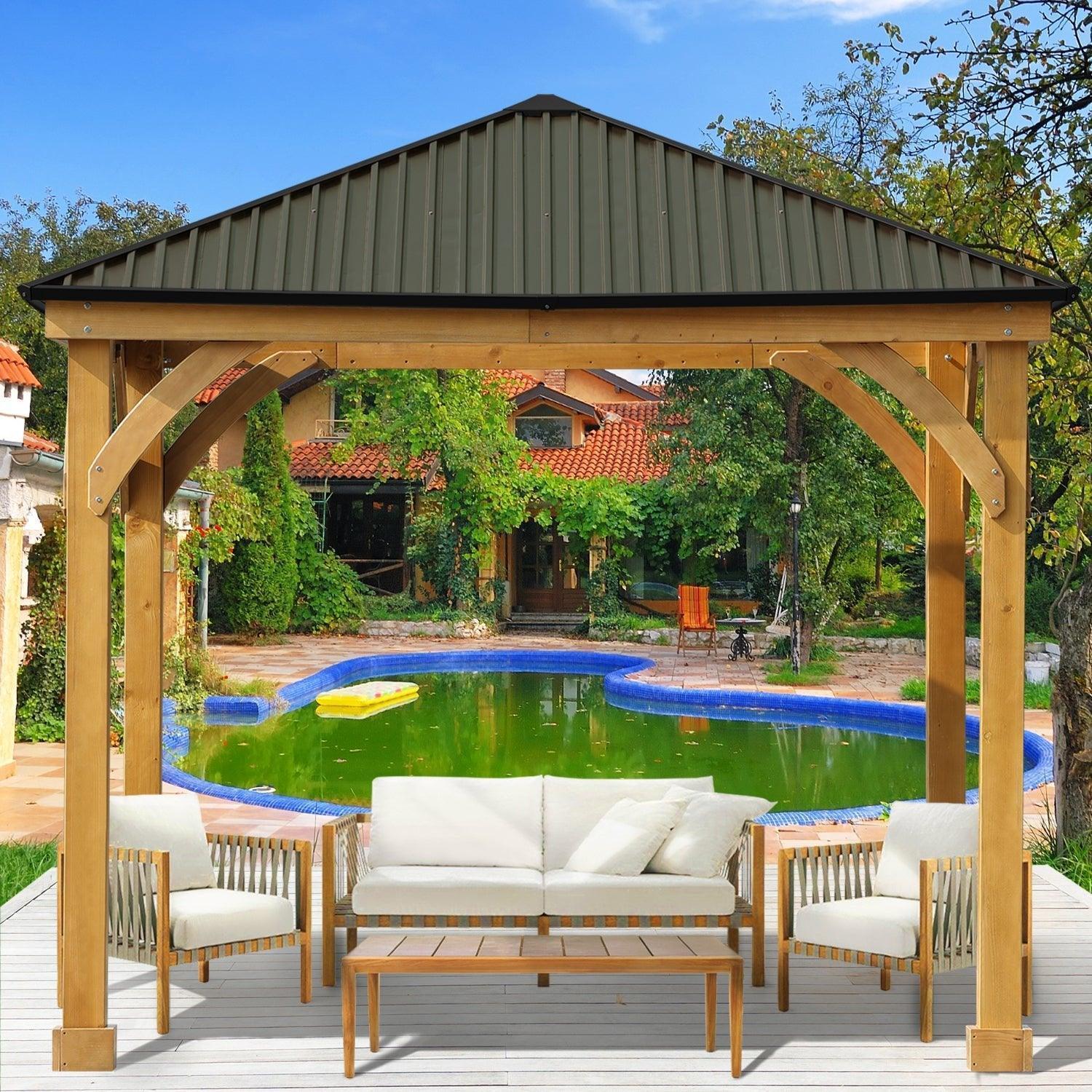 Aoodor 10x10 ft. Wooden Gazebo with Metal Hardtop Roof Outdoor Durable Shelter