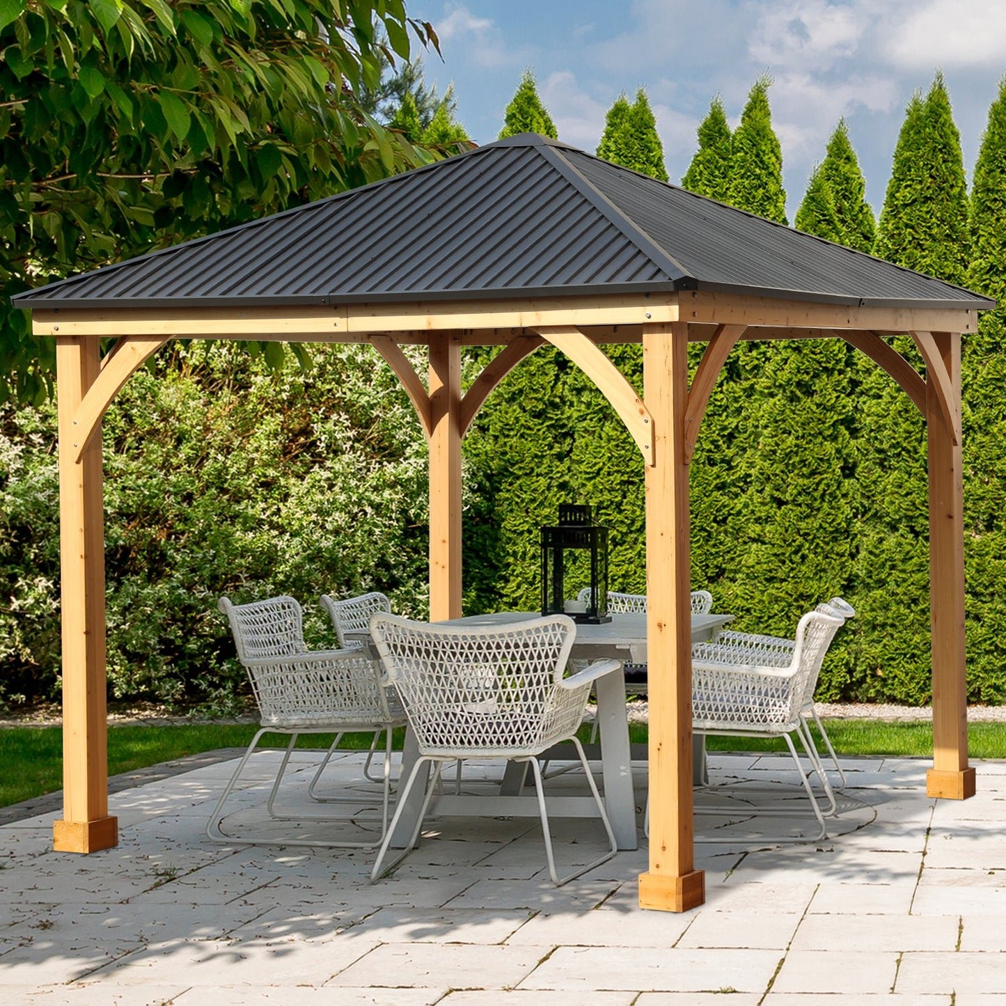 10 x 10 ft. Outdoor Solid Wooden Frame Gazebo with Metal Hardtop Roof Gazebo Aoodor LLC   