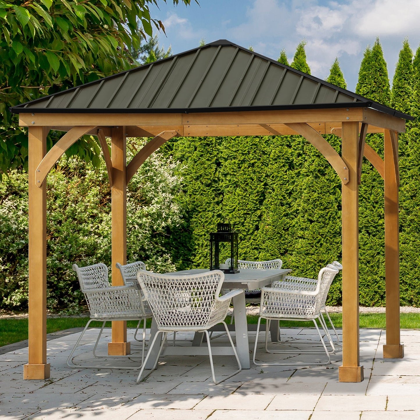 10 x 10 ft. Outdoor Solid Wooden Frame Gazebo with Metal Hardtop Roof Gazebo Aoodor LLC   